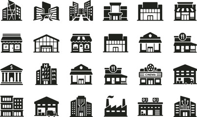 Obraz premium Black silhouette icons of diverse building types for urban planning design
