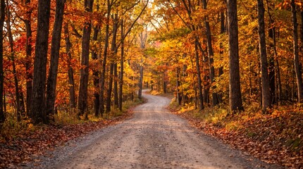 Fototapeta premium A winding dirt road through a forest with vibrant autumn foliage. The trees display a stunning array of orange, red, and yellow leaves, creating a picturesque fall scene