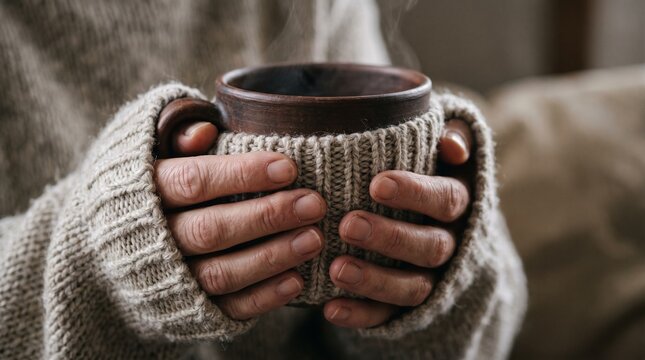A person holding a warm cup of beverage, cozy in a knitted sweater on a cold day. The steam rising from the cup suggests a comforting drink