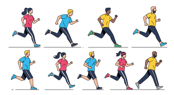 Running animation sequence showing diverse men and women athletes in running motion cycle, flat vector style.