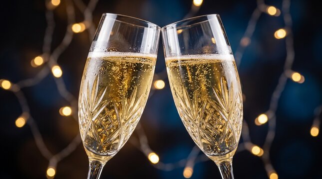 Two champagne glasses clinking together in a toast, with soft bokeh lights in the background, creating a celebratory atmosphere
