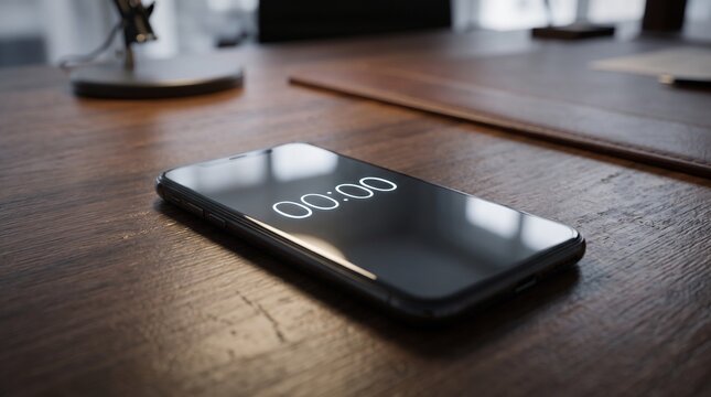 A smartphone displaying the time 00:00 lies on a wooden desk, suggesting the start of something new or a pause in time