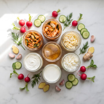 Flat lay of fermented foods and probiotic ingredients on marble, gut health concept