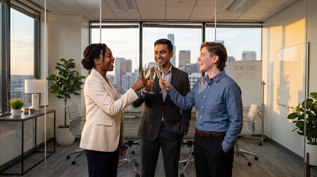 Three business professionals toasting champagne in a modern office with city view, celebrating a successful deal or milestone