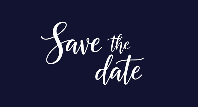 White elegant cursive calligraphy reading Save the Date written on a solid dark navy blue background.