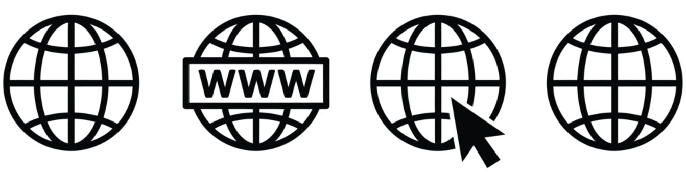 Website icon set featuring globe symbols for internet websites global network online communication and digital technology, vector design.