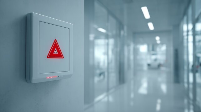 Emergency alert button in a modern healthcare facility hallway.