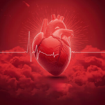 Heart day medical concept with realistic human heart anatomy and ekg pulse line on red background poster