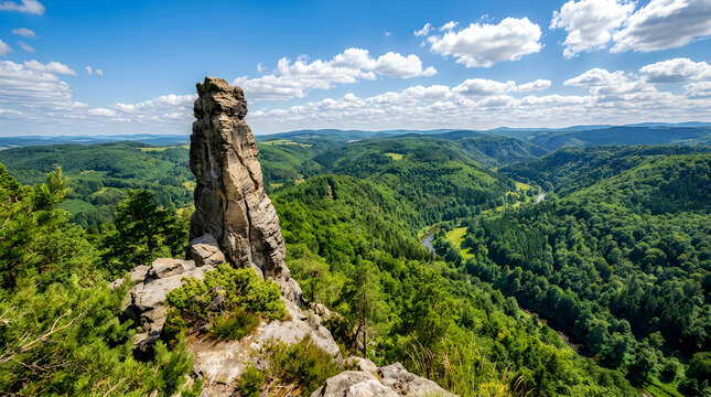 Tall rock formation on a mountain cliff overlooking a green valley with a bright blue sky