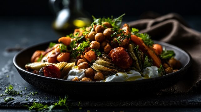 A dark moody Mediterranean chickpea bowl served on charcoal slate with dramatic side lighting highlighting olive oil reflections and roasted vegetable textures