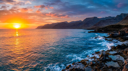 Obraz premium Beautiful sunset over the calm ocean waves crashing against the rocky coastline