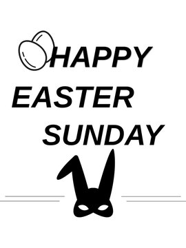 Minimalist happy easter sunday greeting card with black typography rabbit mask and eggs.
