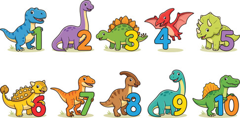 Fototapeta premium A charming illustration of ten different cartoon dinosaurs, each numbered from one to ten, designed for educational purposes.