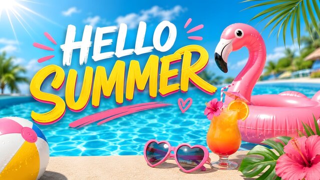 Hello summer bright pool party with flamingo inflatable and cocktail.