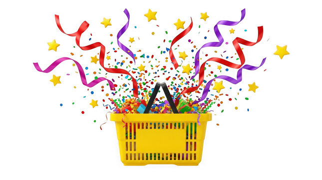 Yellow shopping basket with colorful gift boxes, ribbons, and confetti isolated on transparent background