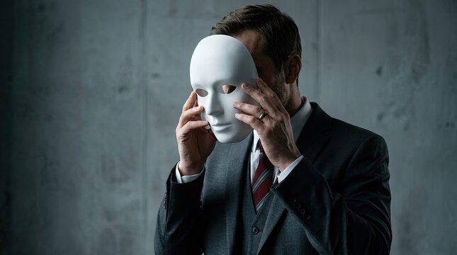 Businessman covering face with a white blank mask standing against a grey background, conceptual identity