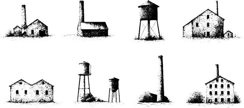 Engraved industrial factory and mill sketch set for vintage background and poster design with smokestack and water tower silhouettes