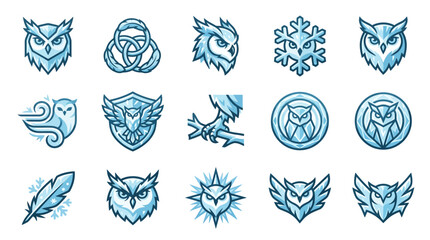 Naklejka premium Clean Minimalist Owl Logo Designs in Blue and White Color Scheme with Various Symbolic Elements