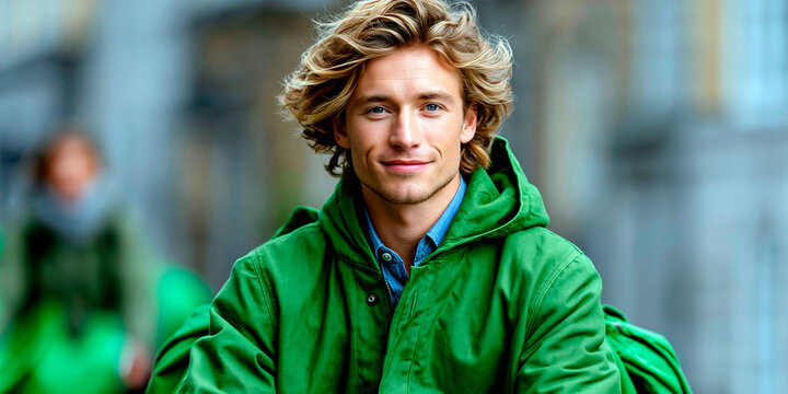 Smiling young man in green jacket looking at camera outdoors with confident expression and urban background