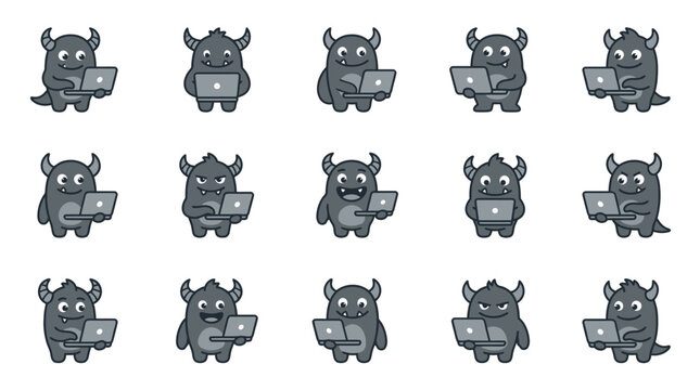 Clean Set of 15 Monochrome Cartoon Gremlins with Laptops Whimsical Tech Themed Illustrations with high quality professional line art symbols for modern creative design and digital branding projects