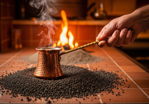 Traditional copper cezve coffee preparation by fireplace