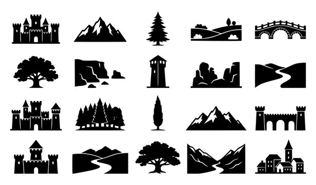 Black silhouette icons of castles mountains trees and landscapes