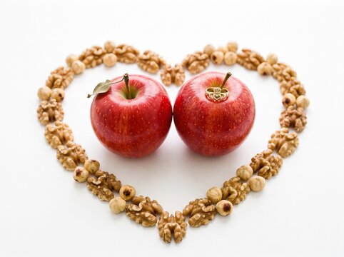 Red apples with heart shaped frame of roasted walnuts and Claddagh ring symbol isolated on white background