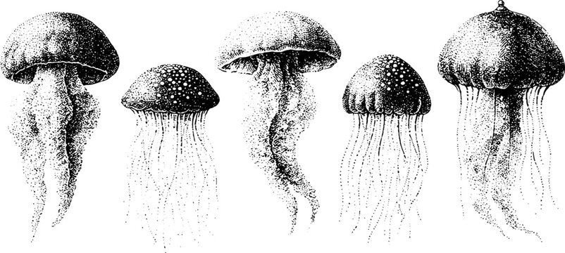 Collection of monochrome jellyfish chandelier drawings with long dotted tentacles for background poster banner and wallpaper design