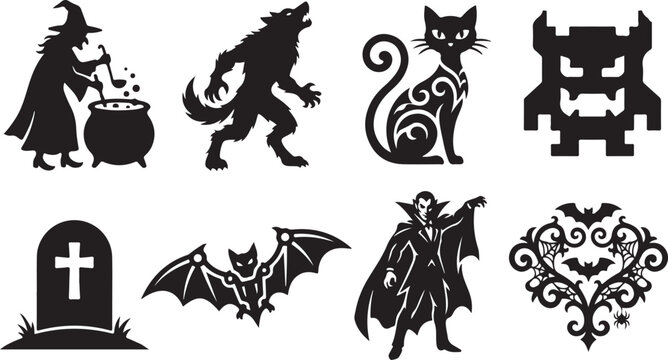 Set of Spooky Halloween Vector Silhouette Icons: Witch with Cauldron, Howling Werewolf, Stylized Black Cat, Vampire, Bat, Tombstone, and Gothic Ornament for Crafts and Holiday Graphic Design