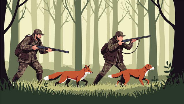 Two hunters in camouflage gear with shotguns and their dogs track a fox through a dense forest in a detailed pixel art style.