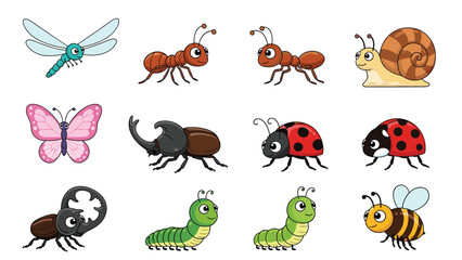 Obraz premium Collection of cute cartoon insects featuring butterflies, bees, ants, caterpillars, ladybugs, and beetles for educational or nature projects.