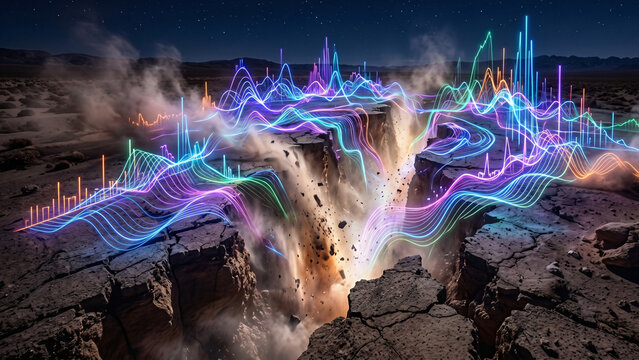 HDR photography of an earthquake fault line erupting with glowing neon abstract seismic data waves