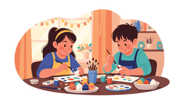 Two happy children sitting at a wooden table painting colorful Easter eggs and drawings in a cozy room decorated with festive lights.
