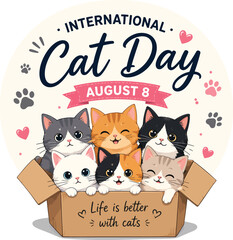 International cat day august 8 illustration with cute kittens in a box © Mojibur
