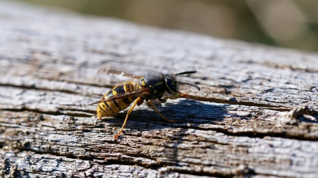 European Wasp Resting on Weathered Wood