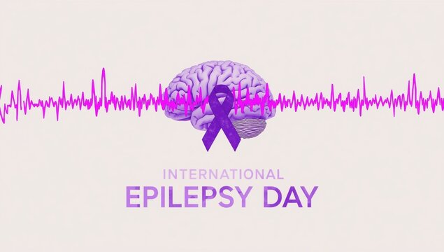International epilepsy day awareness with human brain anatomy and purple ribbon on light background