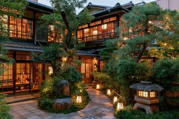 Fototapeta premium 伝統的な日本建築と庭園が織りなす幻想的な夜景