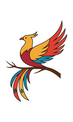 Fototapeta premium Minimalist phoenix bird with flowing tail feathers perched on a curved branch in bold flat colors on a white background, elegant animal design concept