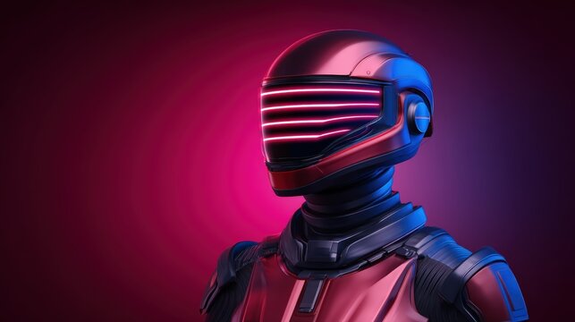 Futuristic robot with a sleek helmet and armor, illuminated by neon pink and blue lights against a dark background.