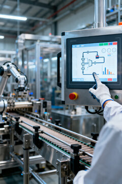 Industrial Touchscreen HMI Controlling Automated Production Line