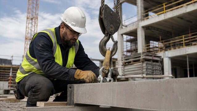 Construction worker inspects rigging hardware before crane lift, showing sling, shackle, safety check and controlled preparation while load rests securely.