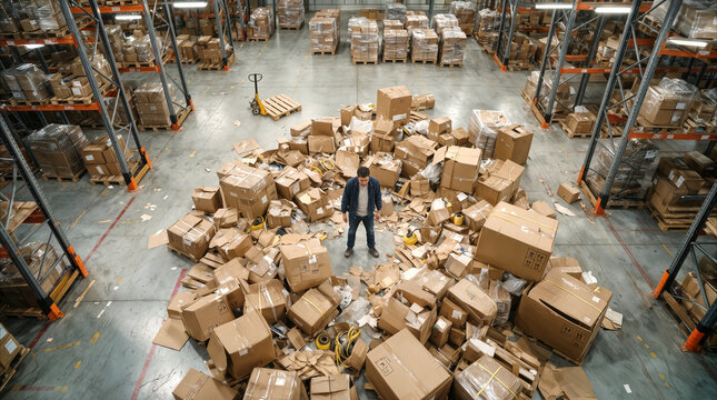 Logistics worker standing in center of collapsed cardboard boxes on warehouse floor. High angle view of shipping disaster and inventory management failure in large distribution center.