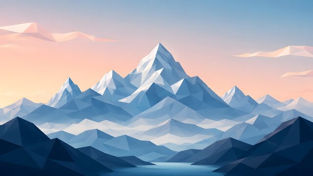 Low poly mountain landscape with blue and white peaks and calm water.
