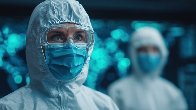 Two healthcare workers wearing protective suits, masks, and goggles in a clinical or laboratory setting with a blurred background.