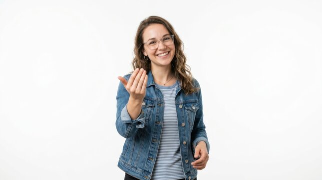 Happy young woman wearing glasses and denim jacket making a come here hand gesture while smiling at the camera