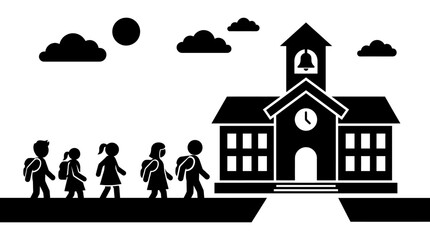 Schoolhouse With Students And Clouds Black And White Silhouette