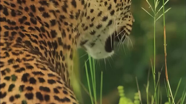 Majestic leopard with distinctive spotted coat in lush green natural habitat