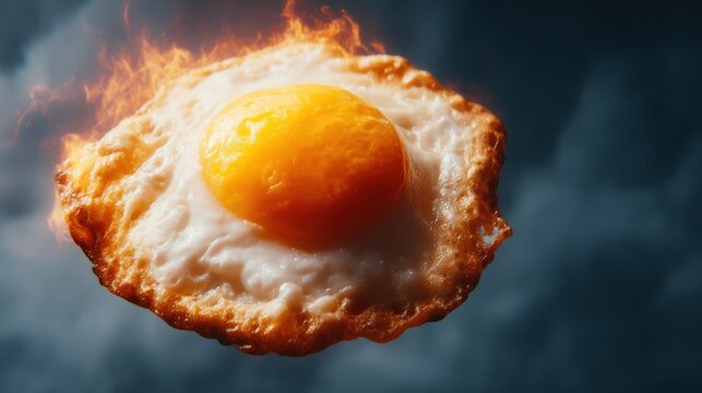 A fried egg with a perfectly cooked yolk appears to be surrounded by flames, creating a dramatic and fiery visual effect.