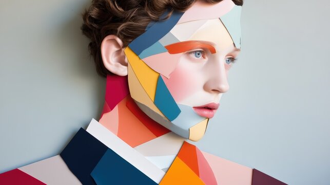 A stylized portrait of a person with abstract, colorful geometric shapes overlaying their face and neck, blending art and digital design in a modern style.