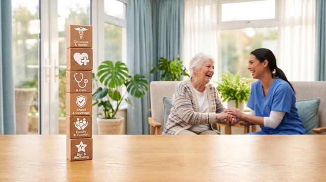 Friendly caregiver helping happy senior woman at home with health care icons